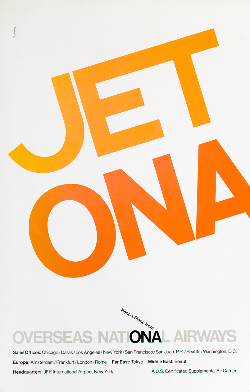 Poster for Overseas National Airways with JET ONA spelled out in large orange letters.